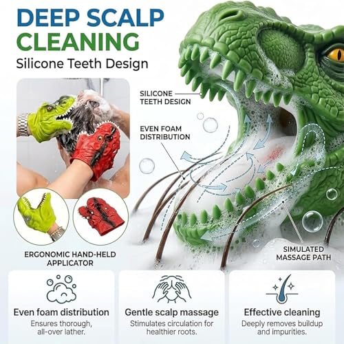 Dinosaur Head Hair Washing Gloves, Cartoon Dinosaur Scalp Massager Shampoo Brush Gloves, Silicone Teeth Scrubber Bath Tool, Fun Bath Tool for Bathroom Accessories & Home Use
