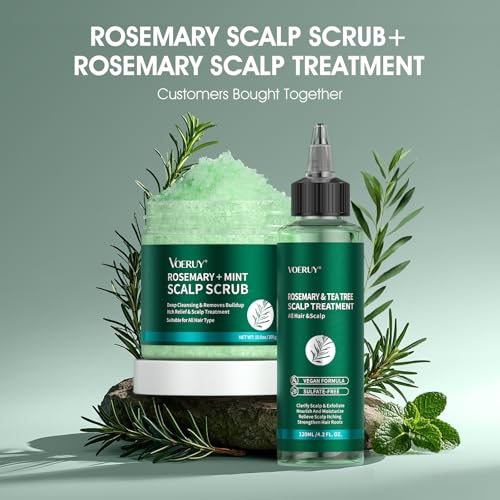VOERUY Scalp Scrub, Rosemary Scalp Exfoliator Scrub Shampoo, 2-in-1 Scalp Treatment with Mint Oil, Hair Treatment to Clarify and Remove Build Up with Silicone Scalp Massager, 10.6oz/300g