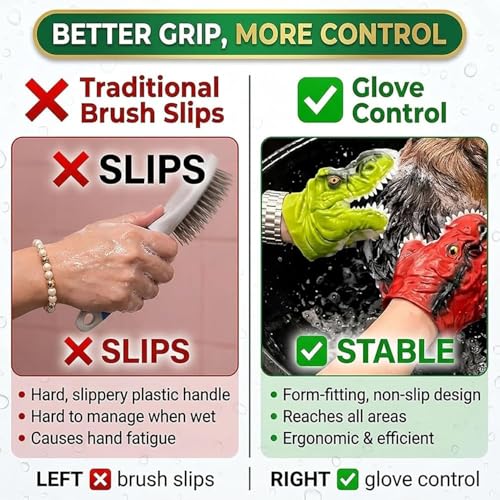 Dinosaur Head Hair Washing Gloves, Cartoon Dinosaur Scalp Massager Shampoo Brush Gloves, Silicone Teeth Scrubber Bath Tool, Fun Bath Tool for Bathroom Accessories & Home Use