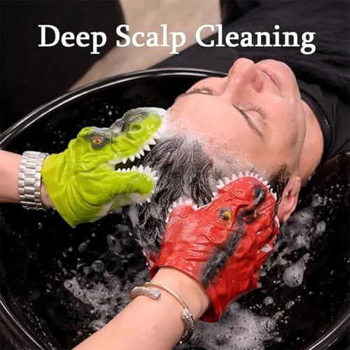 Dinosaur Head Hair Washing Gloves, Cartoon Dinosaur Scalp Massager Shampoo Brush Gloves, Silicone Teeth Scrubber Bath Tool, Fun Bath Tool for Bathroom Accessories & Home Use