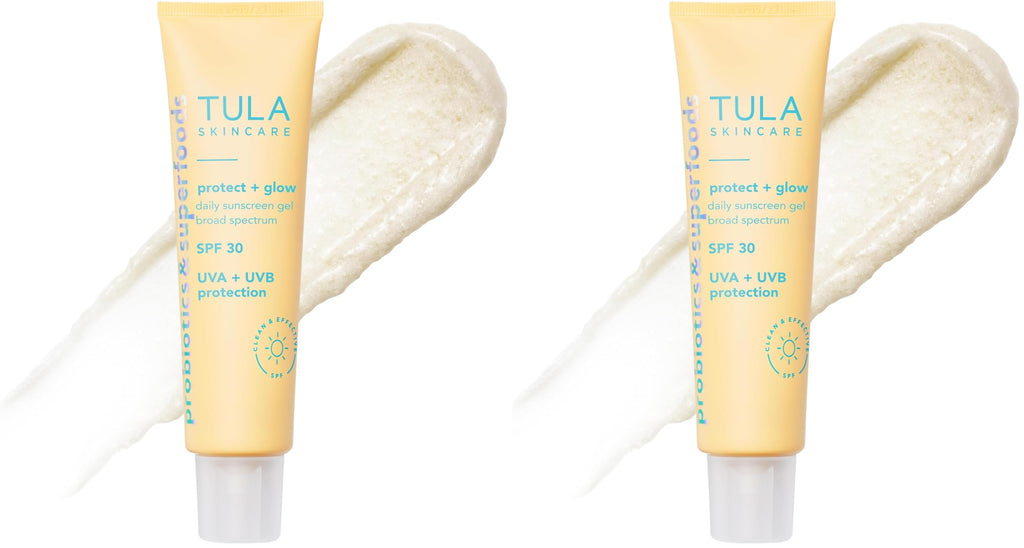 TULA Skin Care Protect + Glow Daily Sunscreen Gel Broad Spectrum SPF 30 - Skincare-First, Non-Greasy, Non-Comedogenic & Reef-Safe with Pollution & Blue Light Protection, Supersize, 3.38 oz (Pack of 2)