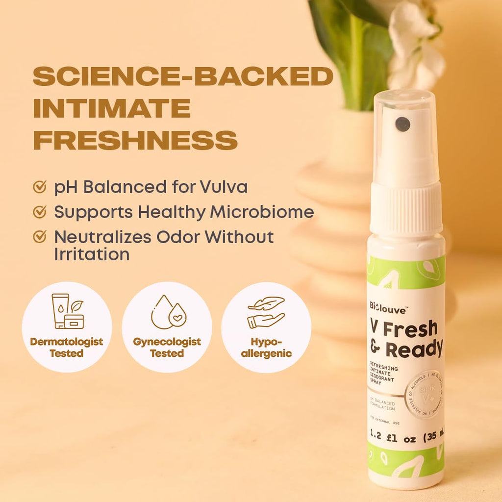 Biolouve V Queen Essentials Kit - 5 Steps Intimate Vulva Care Bundle with Toiletry Bag – BioticV+ - Vaginal pH Balanced Feminine Wash, Waterless Cleanse Foam, Wipes, Deodorant Spray & Firming Serum