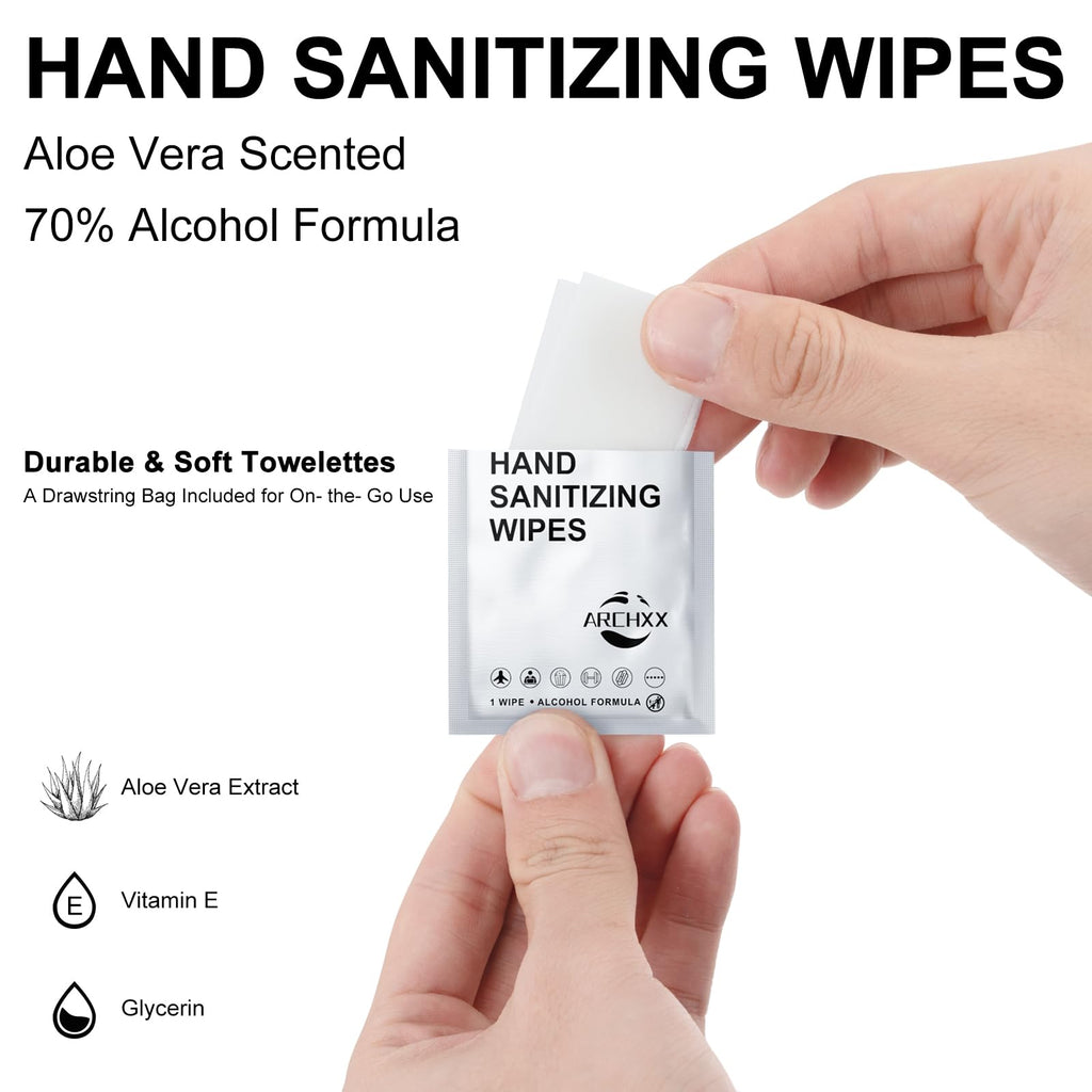 ARCHXX Cotton-Like Softness Hand Sanitizer Wipes, 100 Count, Antibacterial Hand Wipes Individually Wrapped, 70% Alcohol, Travel Size, Sanitizing for Home, Office & Outdoor, Aloe Vera Scent