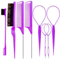 ZVOREI 8Pcs Hair Brushes Set with 4Pcs Topsy Hair Tail Tools 1Pcs Bristle Teasing Hair Brush 1Pcs Edge Control Brush 2Pcs Metal Pin Rat Tail Combs for Woman Girl Hair Styling,Edge&Back Brushing,Pink