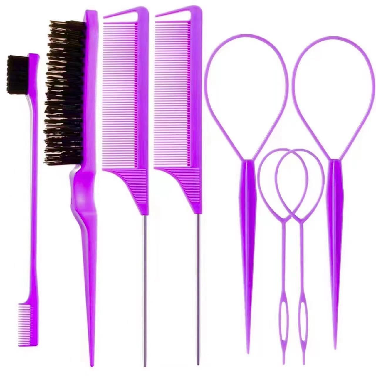 ZVOREI 8Pcs Hair Brushes Set with 4Pcs Topsy Hair Tail Tools 1Pcs Bristle Teasing Hair Brush 1Pcs Edge Control Brush 2Pcs Metal Pin Rat Tail Combs for Woman Girl Hair Styling,Edge&Back Brushing,Pink