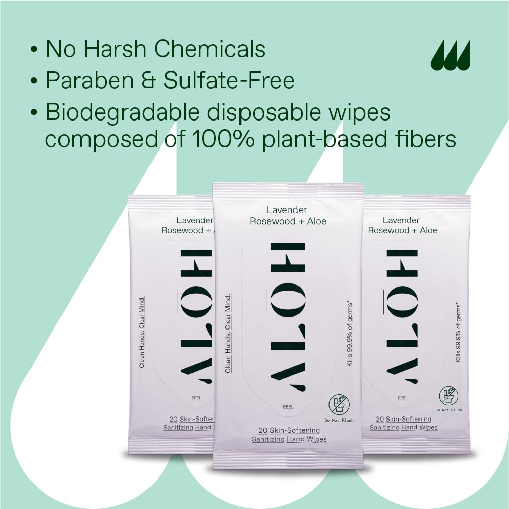 ALŌH + Aloe Sanitizing Hand Wipes - Clean Hands, Clear Mind - On The Go Hand Sanitizer Wipes for Kids and Adults - Travel Size