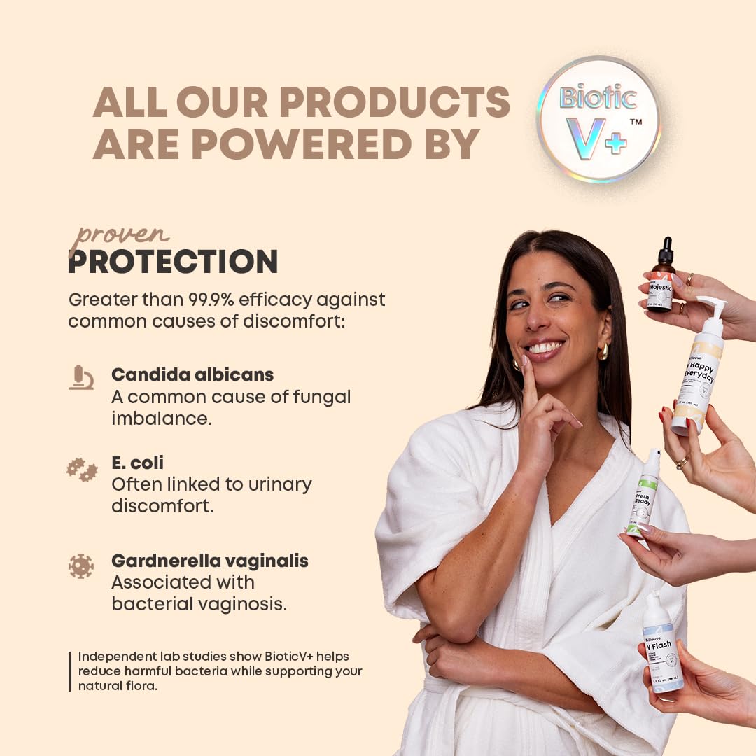 Biolouve V Queen Essentials Kit - 5 Steps Intimate Vulva Care Bundle with Toiletry Bag – BioticV+ - Vaginal pH Balanced Feminine Wash, Waterless Cleanse Foam, Wipes, Deodorant Spray & Firming Serum