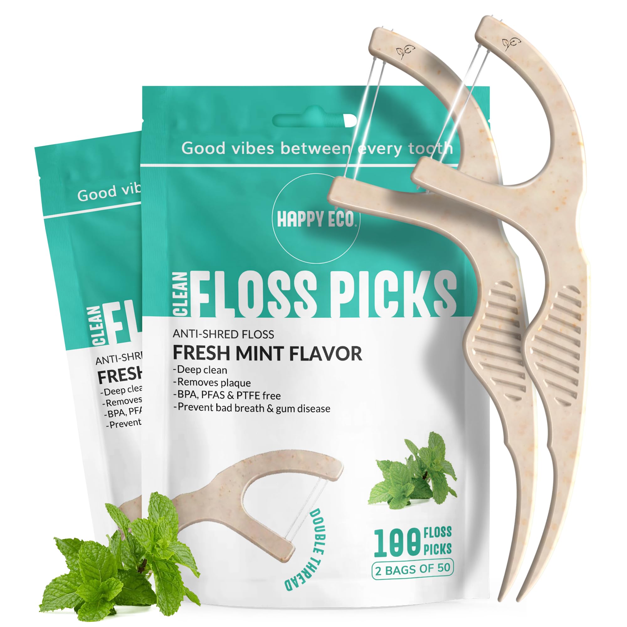 Dental Floss Picks for Teeth - Double Thread, Tooth Picks Flossers for Adults, Toothpicks Floss, Vegan Corn-Straw Handle, Shred-Resistant String for Interdental Oral Care & Gum Health