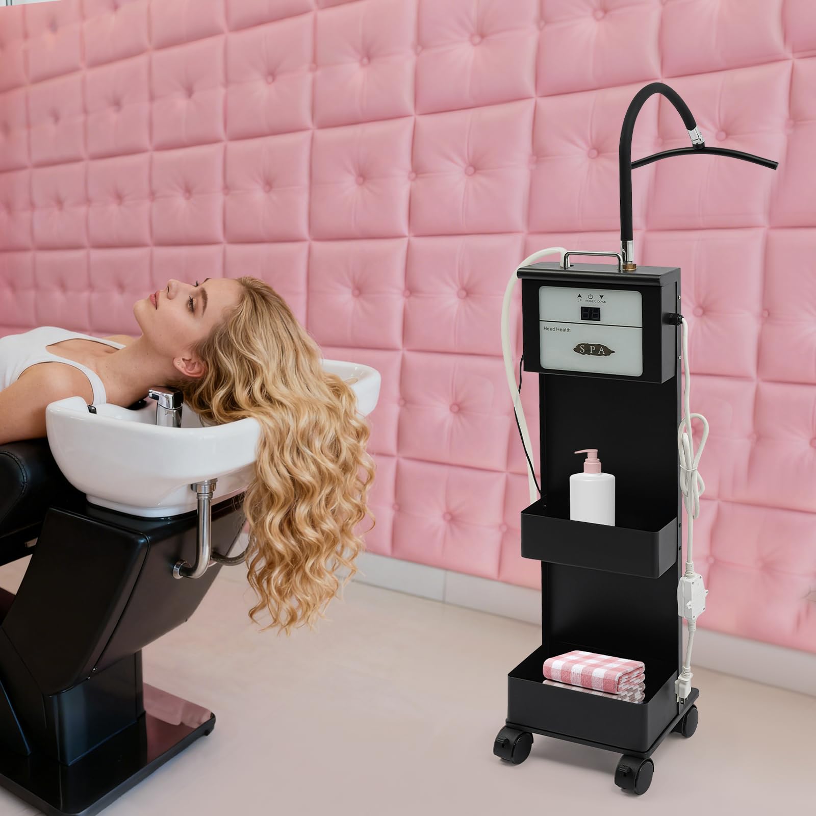 POIOKLJRE Waterfall Head Spa Machine with Water Circulation, Mobile Scalp Care Station Adjustable Temperature 86-131F, Two Storage Compartments for Salon Home Massage Center, Black