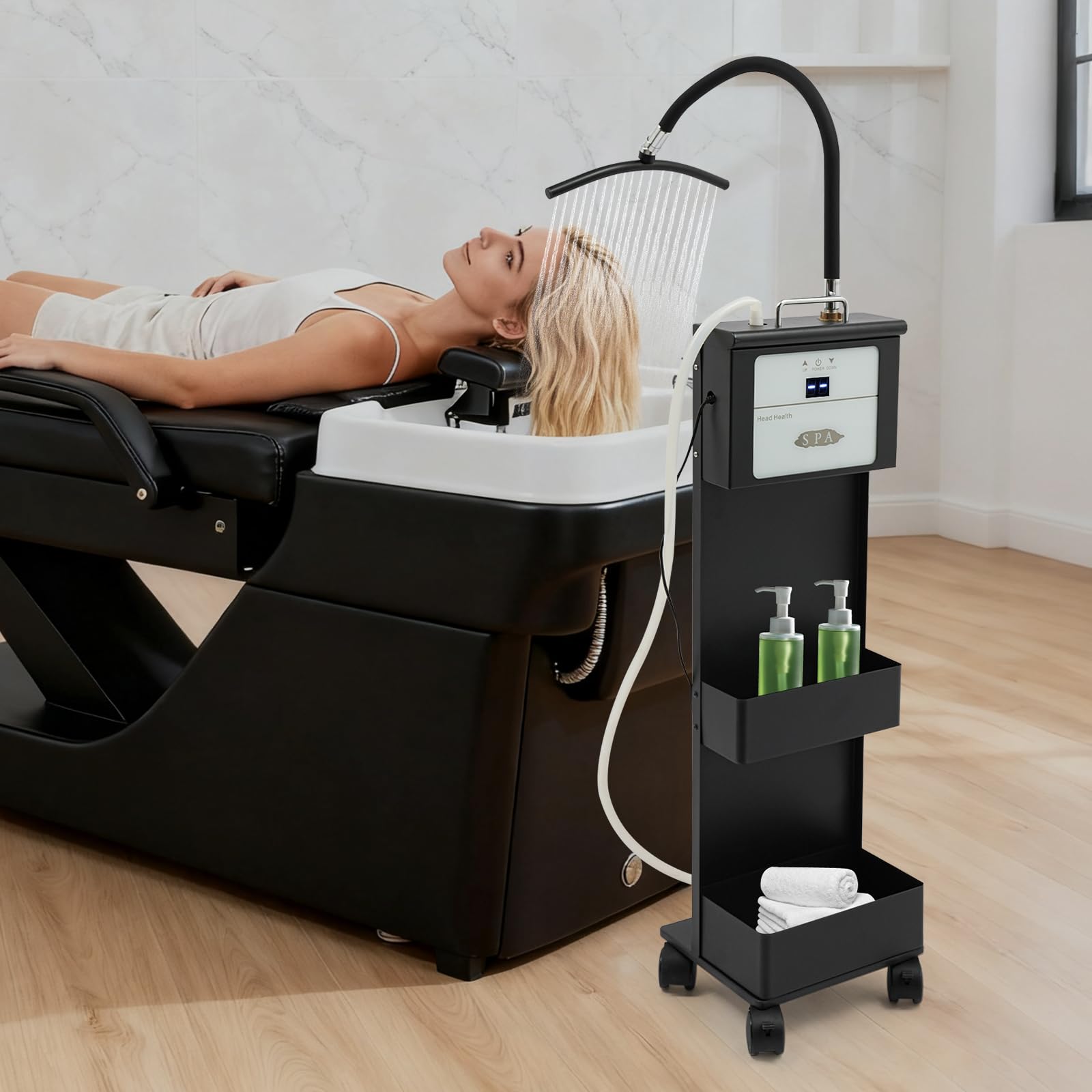 POIOKLJRE Waterfall Head Spa Machine with Water Circulation, Mobile Scalp Care Station Adjustable Temperature 86-131F, Two Storage Compartments for Salon Home Massage Center, Black