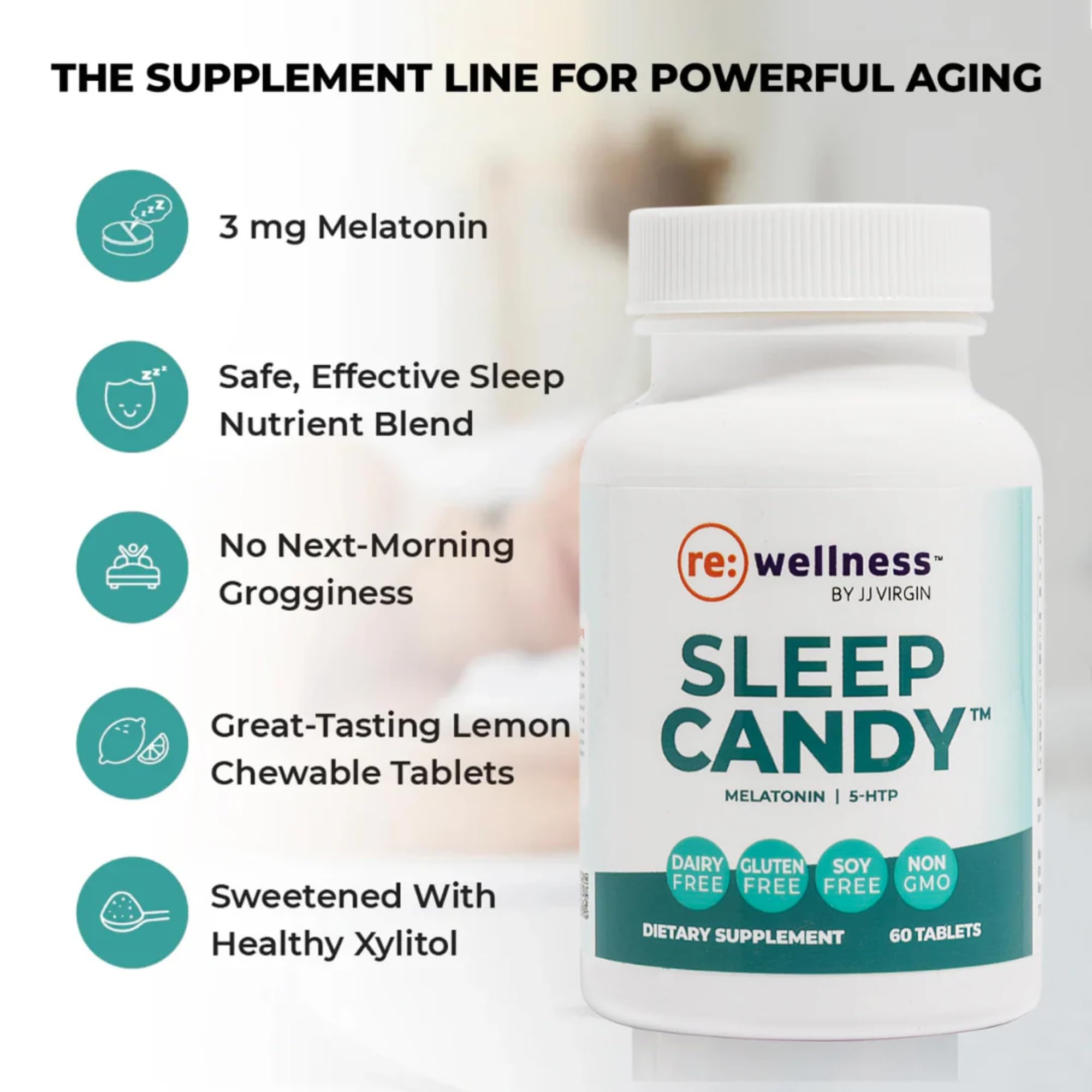 JJ Virgin Sleep Candy Melatonin Chewables, Lemon, 60 Count