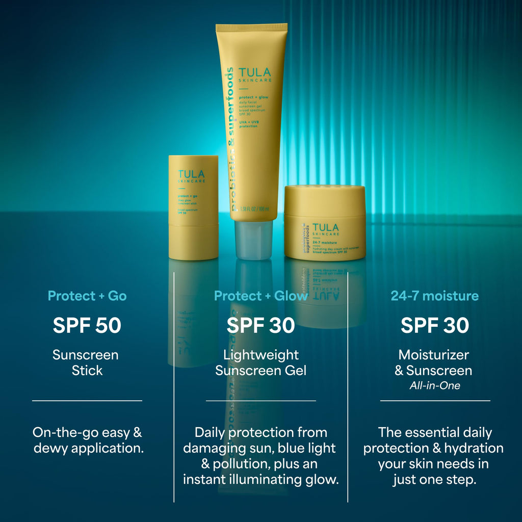 TULA Skin Care Protect + Glow Daily Sunscreen Gel Broad Spectrum SPF 30 - Skincare-First, Non-Greasy, Non-Comedogenic & Reef-Safe with Pollution & Blue Light Protection, Supersize, 3.38 oz (Pack of 2)