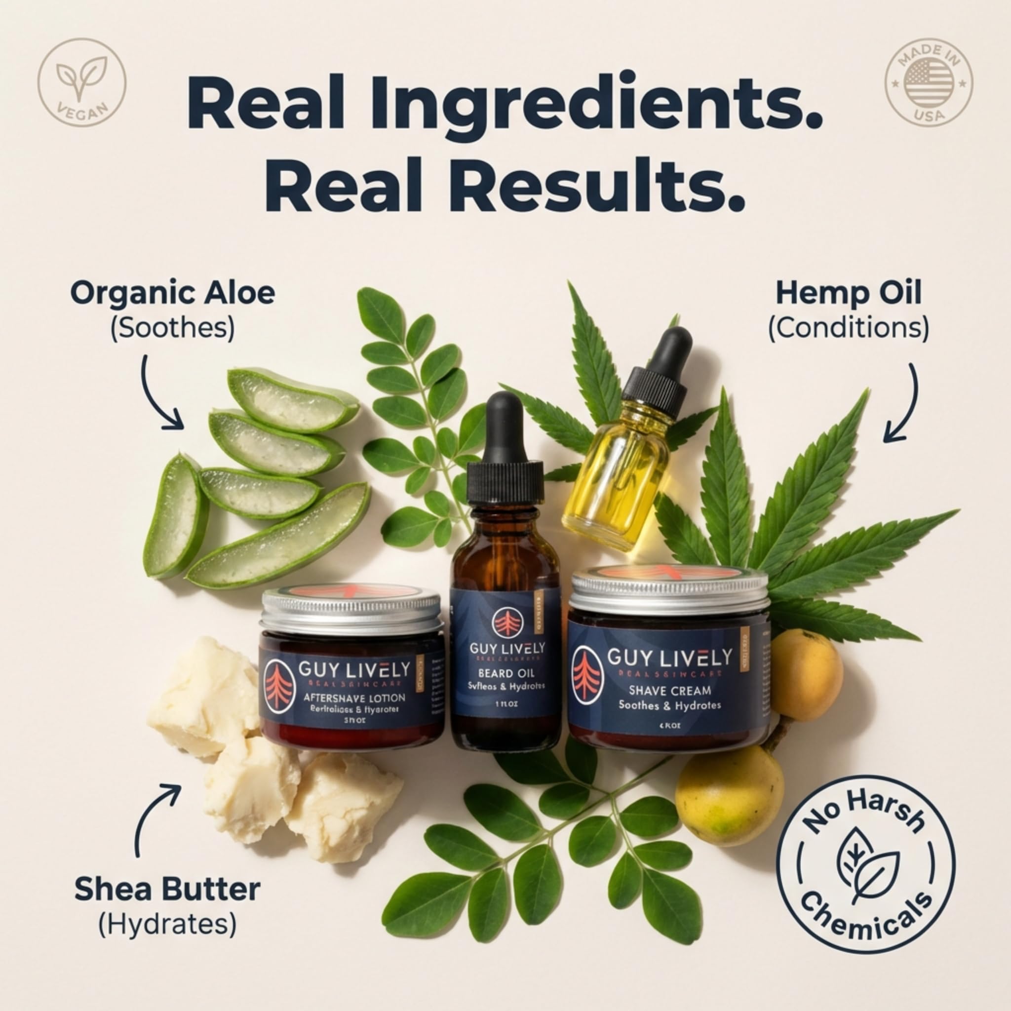 Guy Lively Men’s Grooming Essentials 3‑Pack, Beard Oil with Moringa & Hemp, Unscented Shave Cream with Shea & Aloe, After Shave Lotion with Organic Aloe & Hyaluronic Acid, Hydrating & Soothing Set