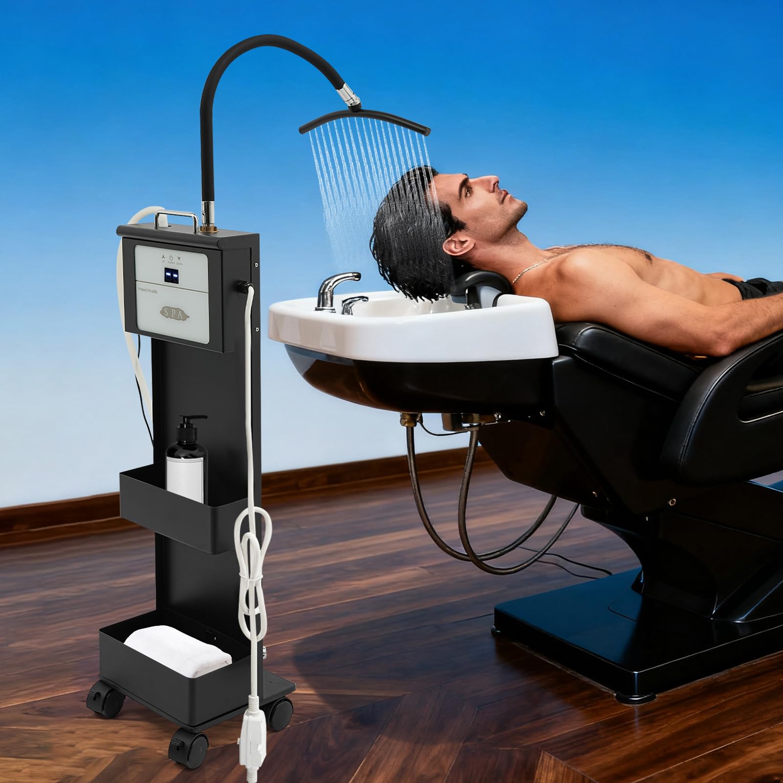POIOKLJRE Waterfall Head Spa Machine with Water Circulation, Mobile Scalp Care Station Adjustable Temperature 86-131F, Two Storage Compartments for Salon Home Massage Center, Black