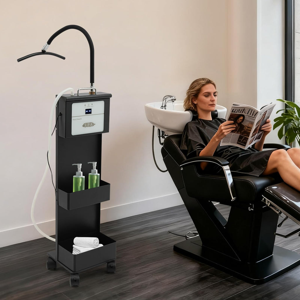 POIOKLJRE Waterfall Head Spa Machine with Water Circulation, Mobile Scalp Care Station Adjustable Temperature 86-131F, Two Storage Compartments for Salon Home Massage Center, Black
