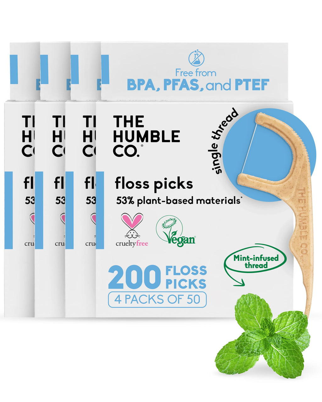 The Humble Co. Plant-Based Dental Floss Picks, 200 Count