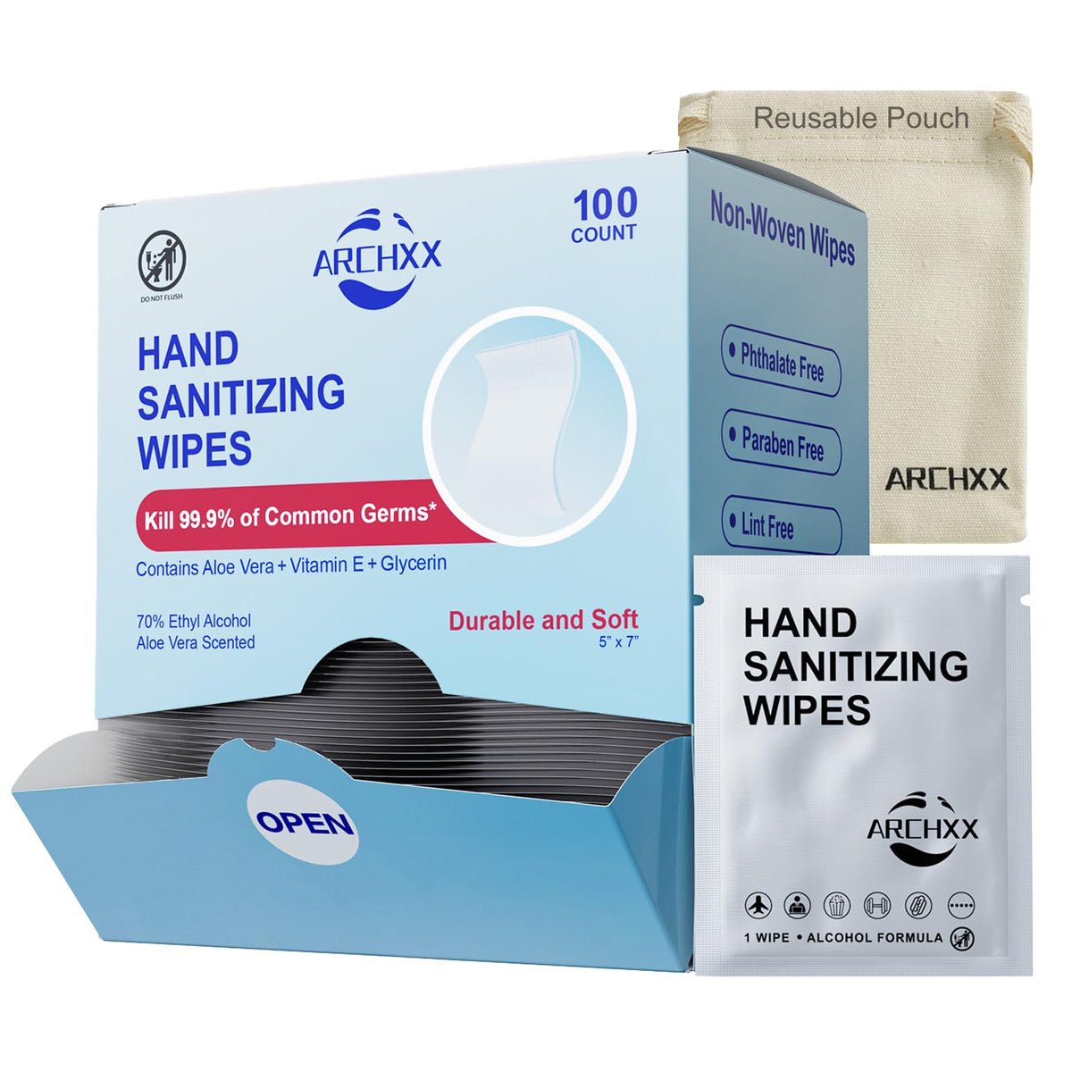 ARCHXX 70% Alcohol Hand Sanitizer Wipes, 100 Count