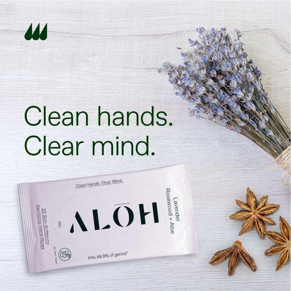 ALŌH + Aloe Sanitizing Hand Wipes - Clean Hands, Clear Mind - On The Go Hand Sanitizer Wipes for Kids and Adults - Travel Size