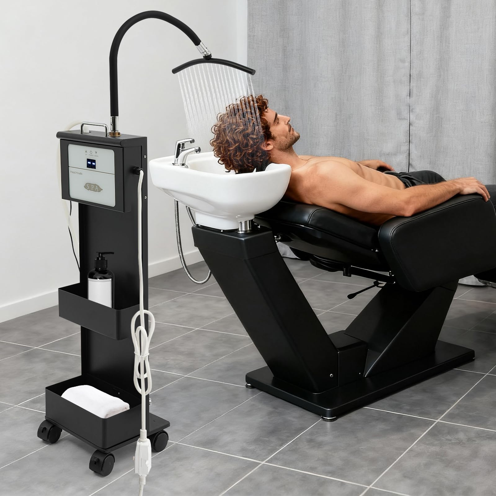 POIOKLJRE Waterfall Head Spa Machine with Water Circulation, Mobile Scalp Care Station Adjustable Temperature 86-131F, Two Storage Compartments for Salon Home Massage Center, Black