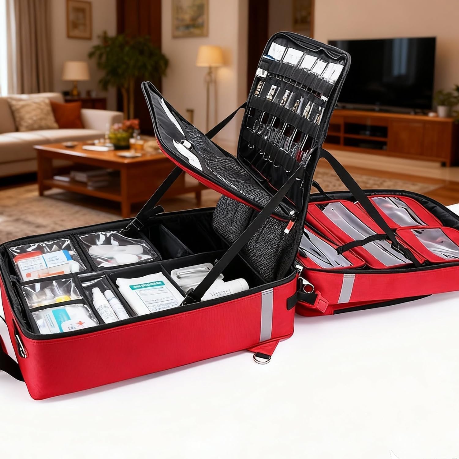 Large Capacity Rolling Bag with Wheels, Empty First Aid Kit on Detachable Trolley, Portable Nurse with Removable Dividers, Shoulder Straps, Reflective Strips for EMT, EMS, Paramedics