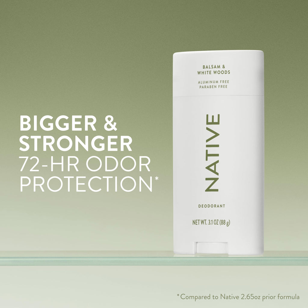 Native Aluminum Free Deodorant, Balsam & White Woods, Large Size Stick, 72 Hour Odor Control, for Women & Men, Contains Naturally Derived Ingredients