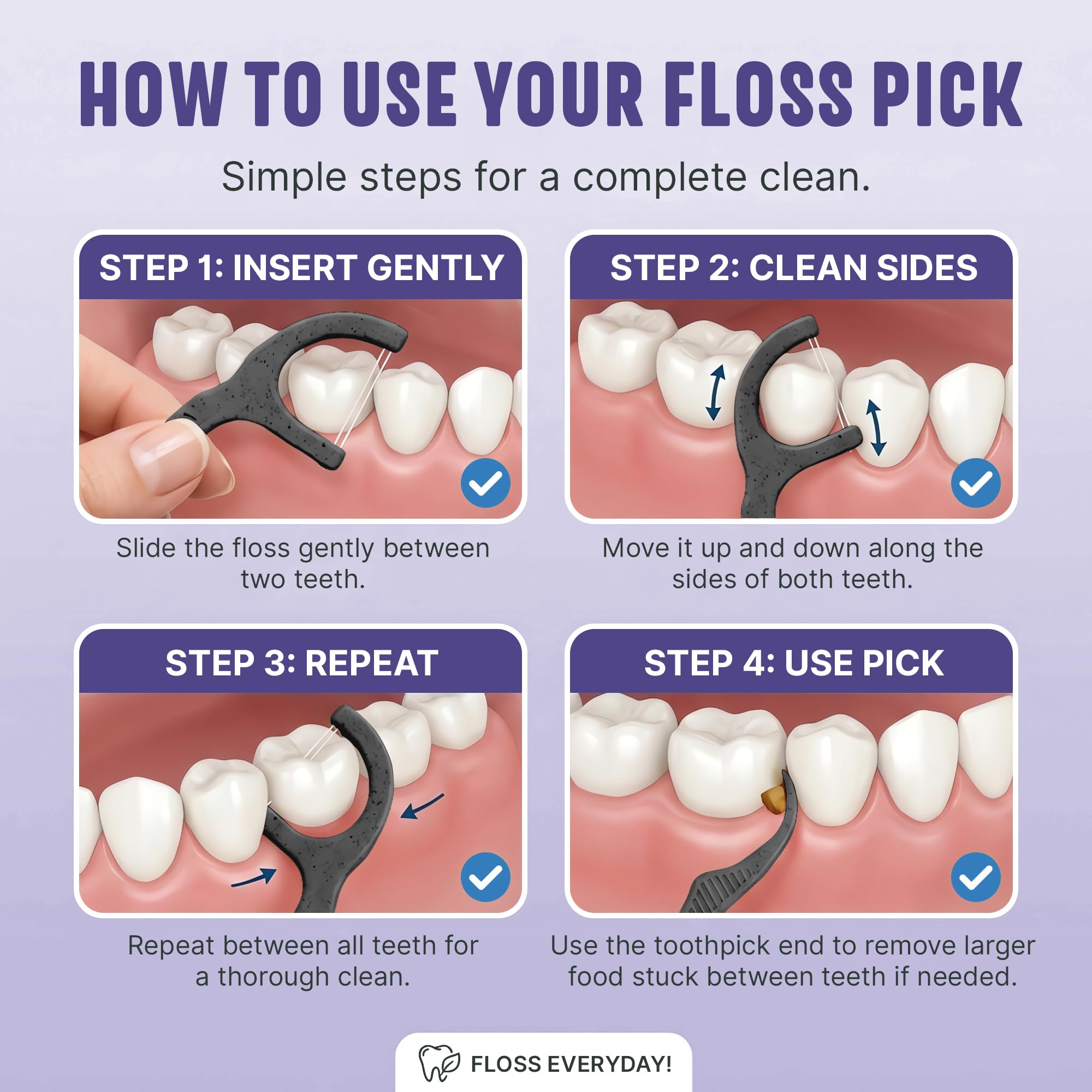 Dental Floss Picks for Teeth - Double Thread, Tooth Picks Flossers for Adults, Toothpicks Floss, Vegan Corn-Straw Handle, Shred-Resistant String for Interdental Oral Care & Gum Health
