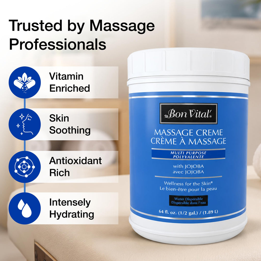 Bon Vital' Multi-Purpose Massage Cr�me, Professional Massage Cream with Aloe Vera to Relax Sore Muscles, Increase Circulation & Repair Dry Skin, Full Body Massage Moisturizer Cream, 1/2 Gallon Jar