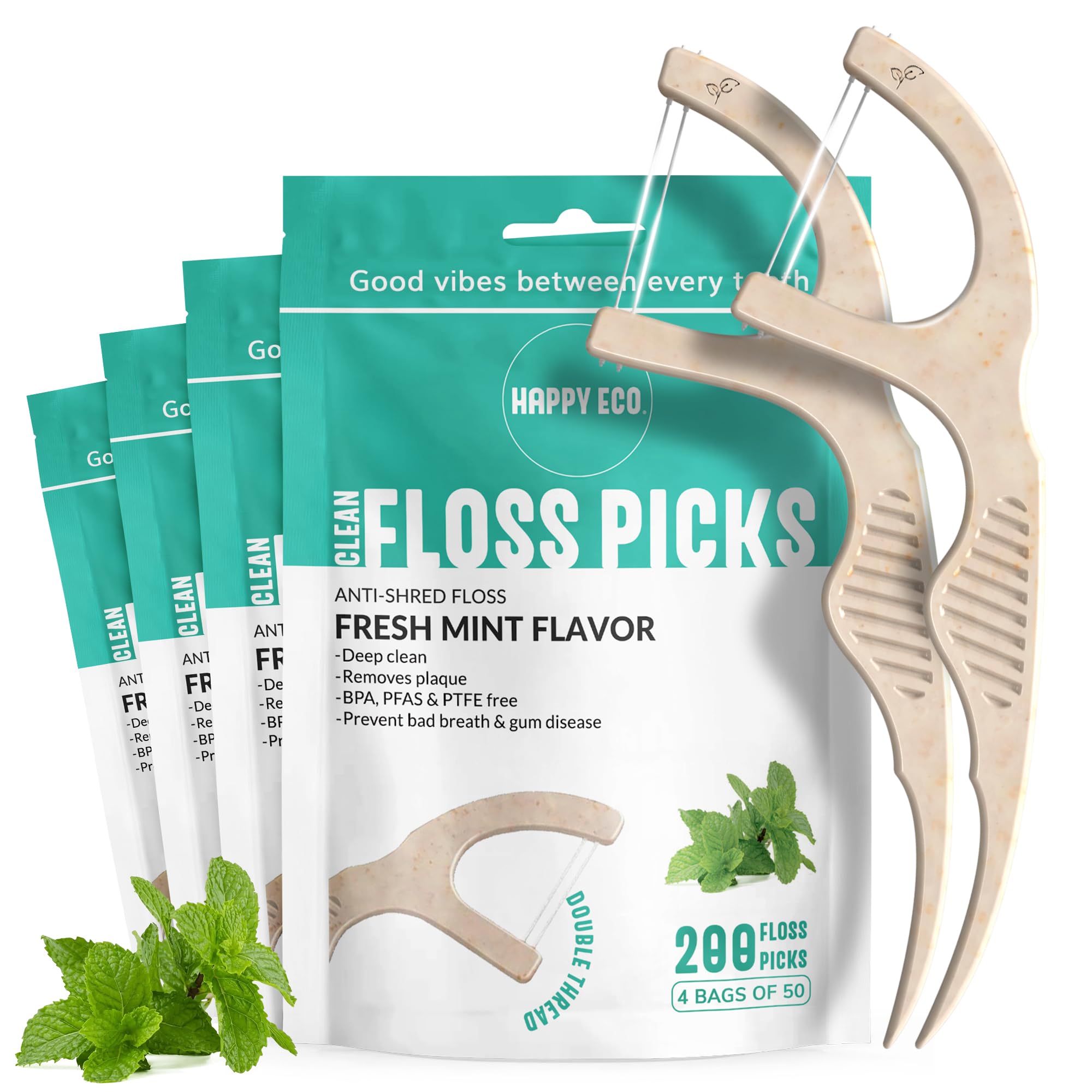 Dental Floss Picks for Teeth - Double Thread, Tooth Picks Flossers for Adults, Toothpicks Floss, Vegan Corn-Straw Handle, Shred-Resistant String for Interdental Oral Care & Gum Health
