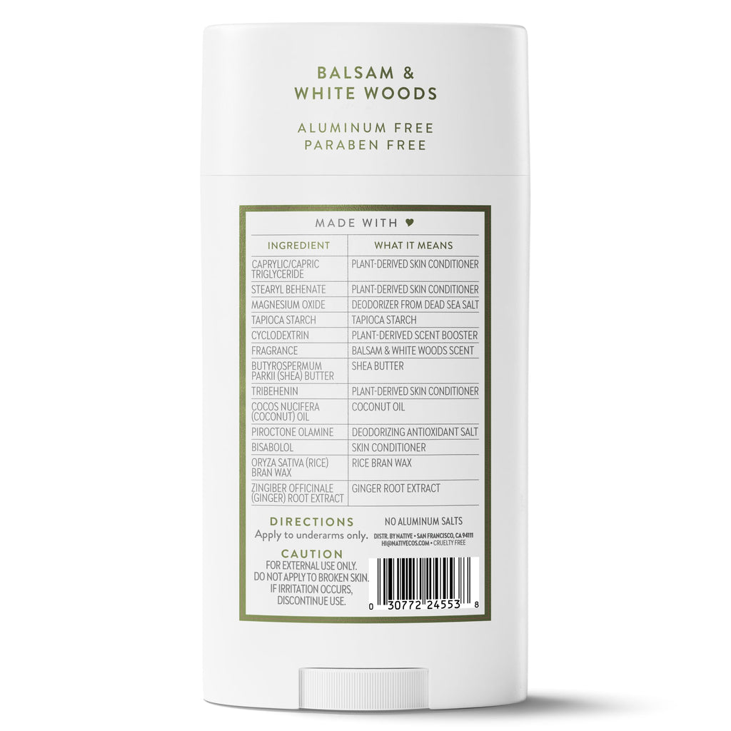 Native Aluminum Free Deodorant, Balsam & White Woods, Large Size Stick, 72 Hour Odor Control, for Women & Men, Contains Naturally Derived Ingredients