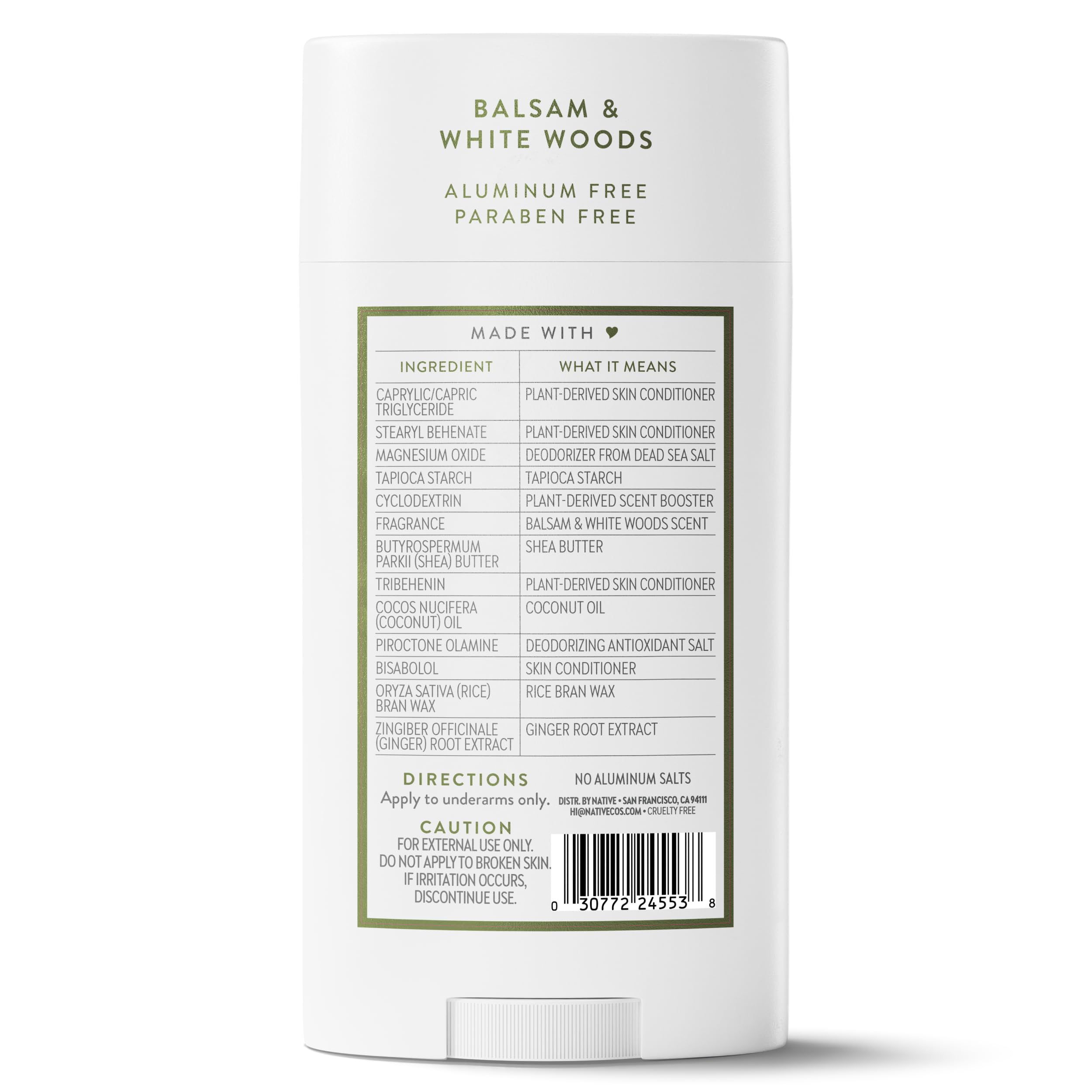 Native Aluminum Free Deodorant, Balsam & White Woods, Large Size Stick, 72 Hour Odor Control, for Women & Men, Contains Naturally Derived Ingredients