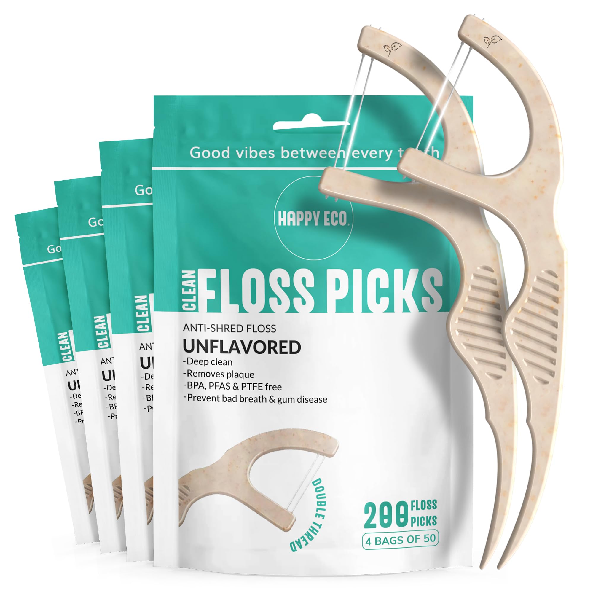 Dental Floss Picks for Teeth - Double Thread, Tooth Picks Flossers for Adults, Toothpicks Floss, Vegan Corn-Straw Handle, Shred-Resistant String for Interdental Oral Care & Gum Health
