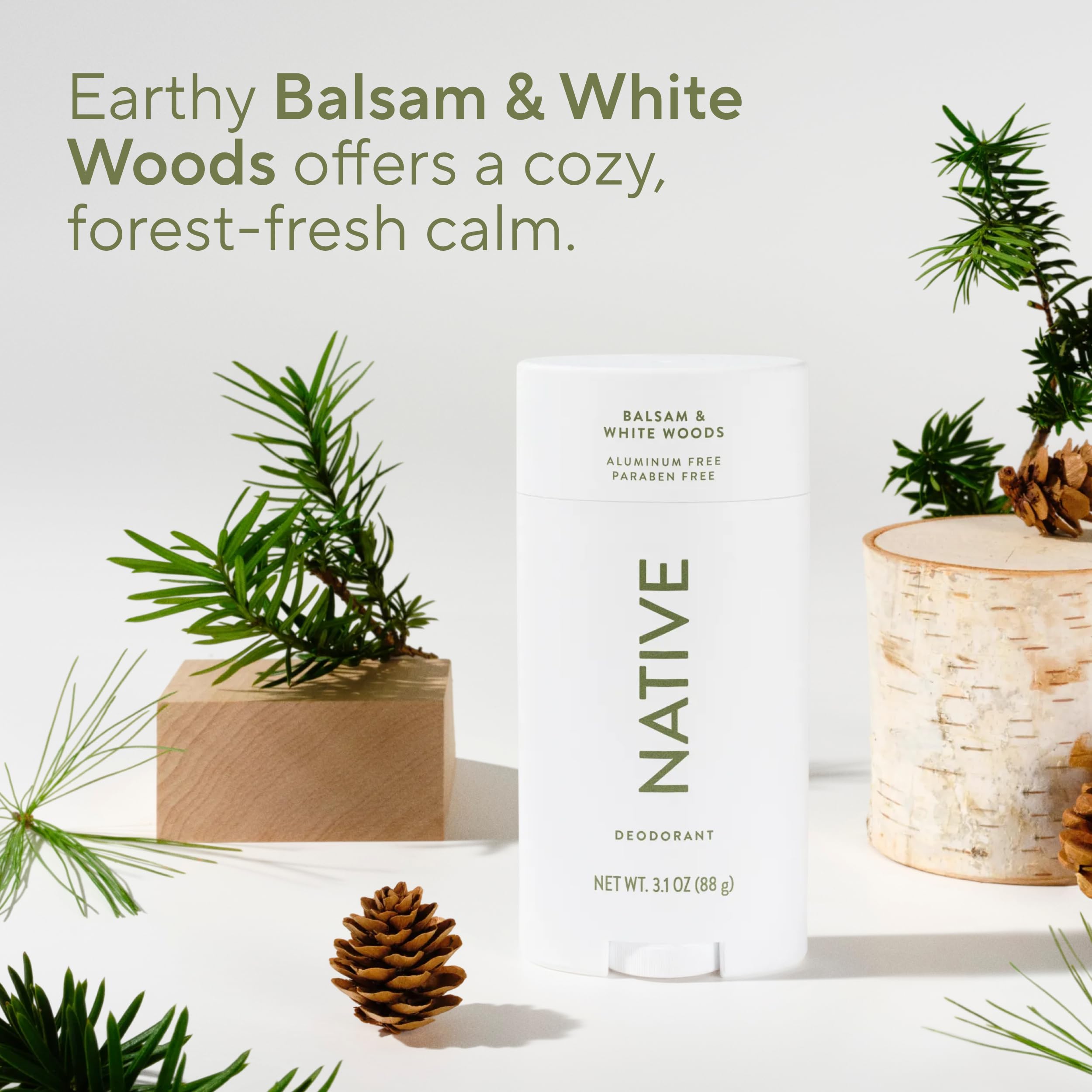 Native Aluminum Free Deodorant, Balsam & White Woods, Large Size Stick, 72 Hour Odor Control, for Women & Men, Contains Naturally Derived Ingredients