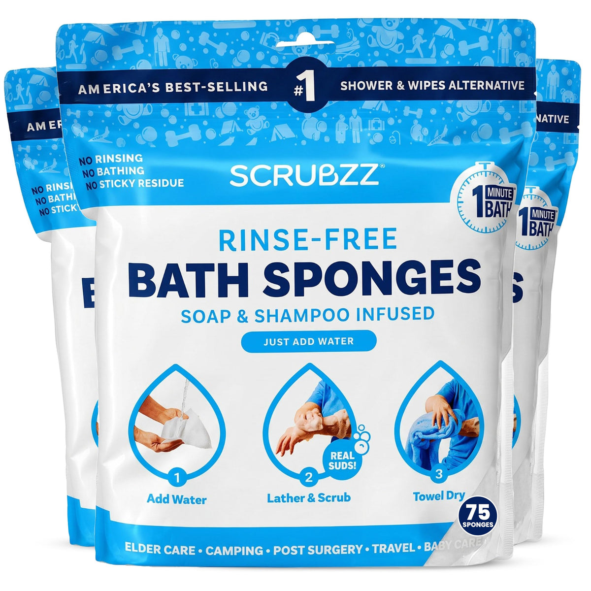 Scrubzz Rinse-Free Disposable Bathing Wipes, 25 Count