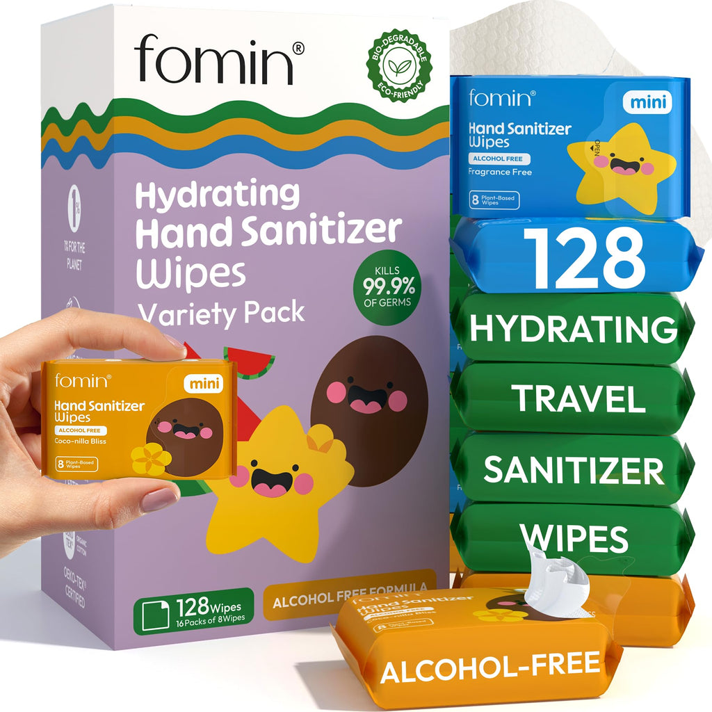 Fomin Mini Hand Wipes - Fragrance Free Mini Wet Wipe - pH Balanced, Biodegradable, Antibacterial On The Go Hand Sanitizing Wipes