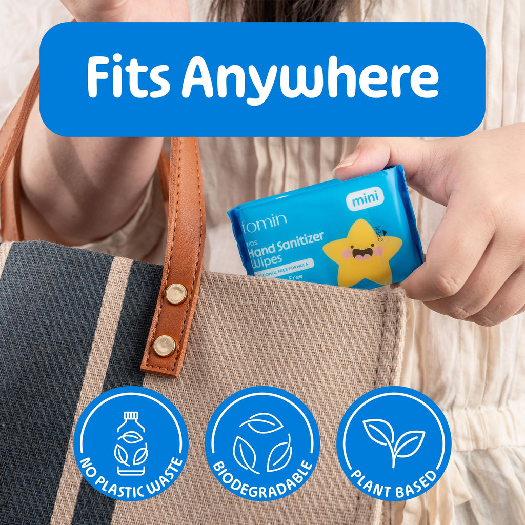 Fomin Mini Hand Wipes - Fragrance Free Mini Wet Wipe - pH Balanced, Biodegradable, Antibacterial On The Go Hand Sanitizing Wipes