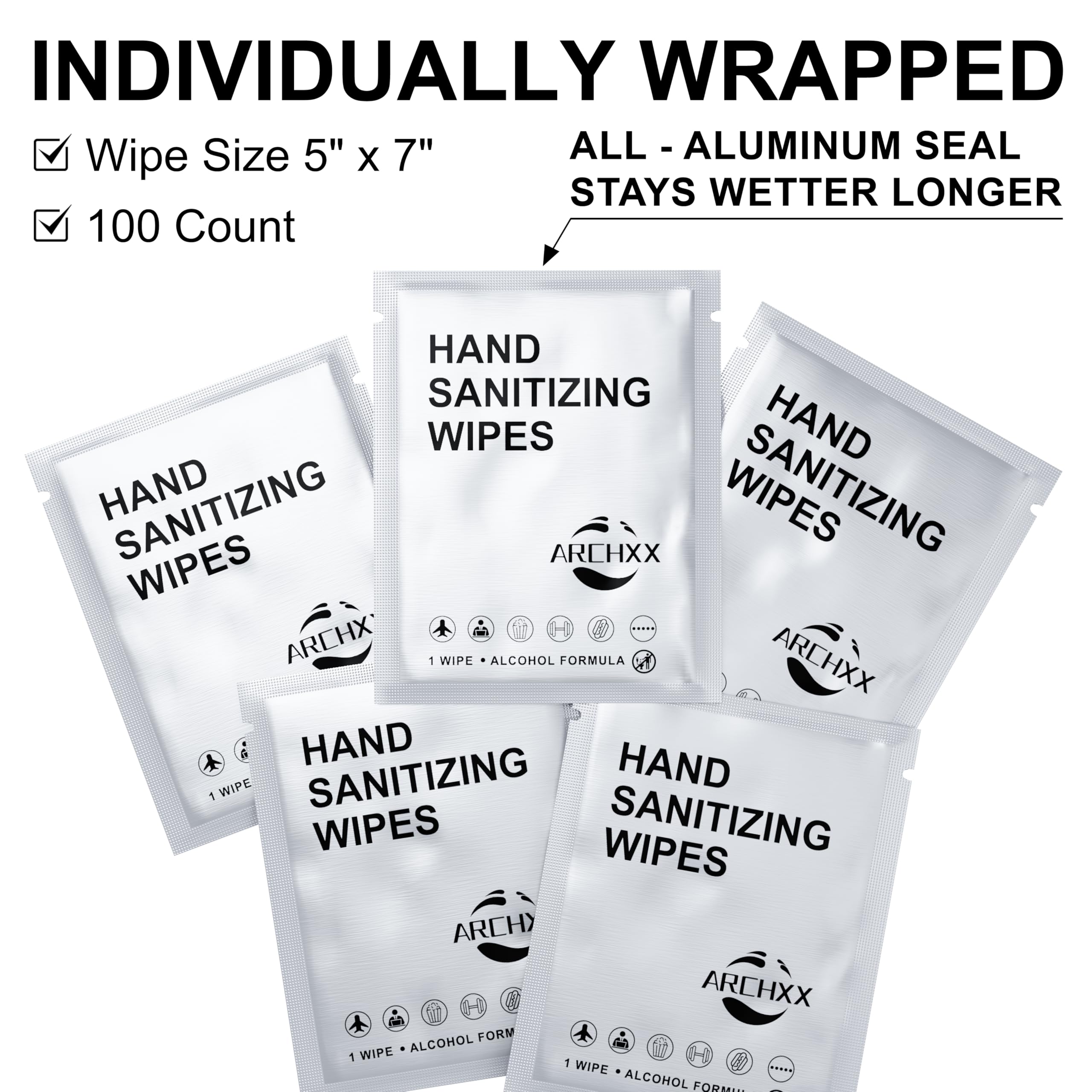 ARCHXX Cotton-Like Softness Hand Sanitizer Wipes, 100 Count, Antibacterial Hand Wipes Individually Wrapped, 70% Alcohol, Travel Size, Sanitizing for Home, Office & Outdoor, Aloe Vera Scent