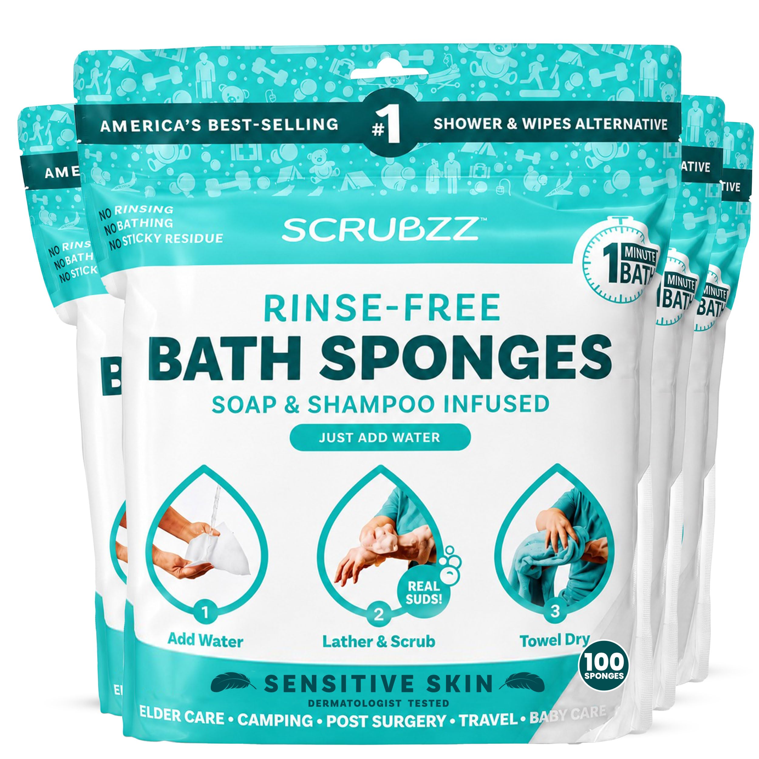 Scrubzz Rinse-Free Disposable Bathing Wipes, 25 Count
