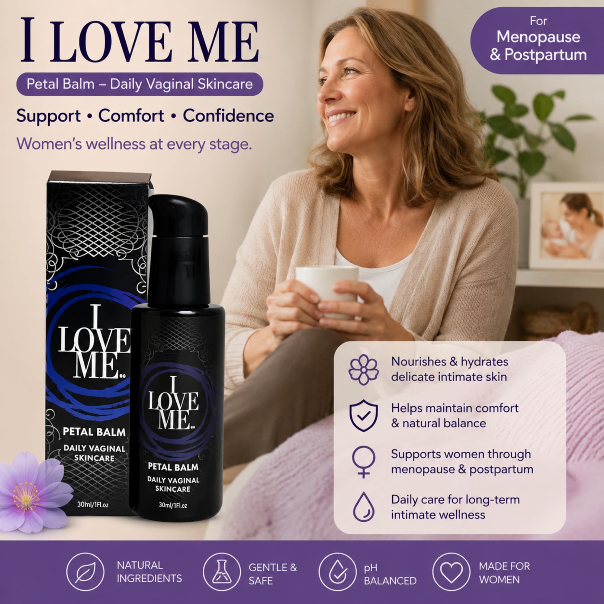 I Love Me Petal Balm - Vulva Balm for Feminine Care - Intimate Skin Care, Menopause Support - Relieves Feminine Dryness, Itching & Irritation - Hormone Free, Vaginal Moisturizer for Women 2oz 2 Pack
