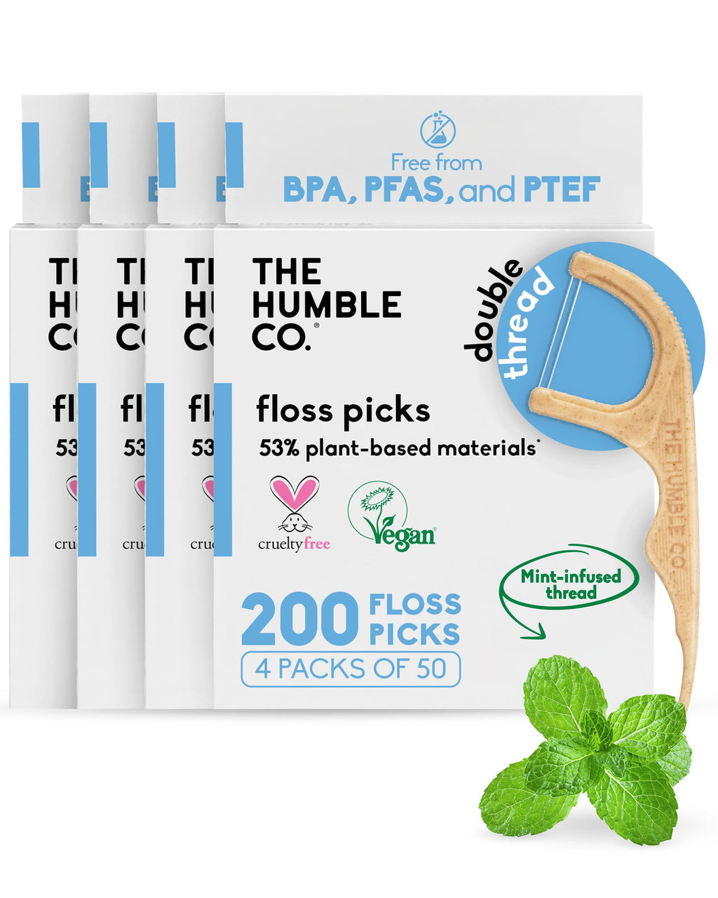 The Humble Co. Plant-Based Dental Floss Picks, 200 Count