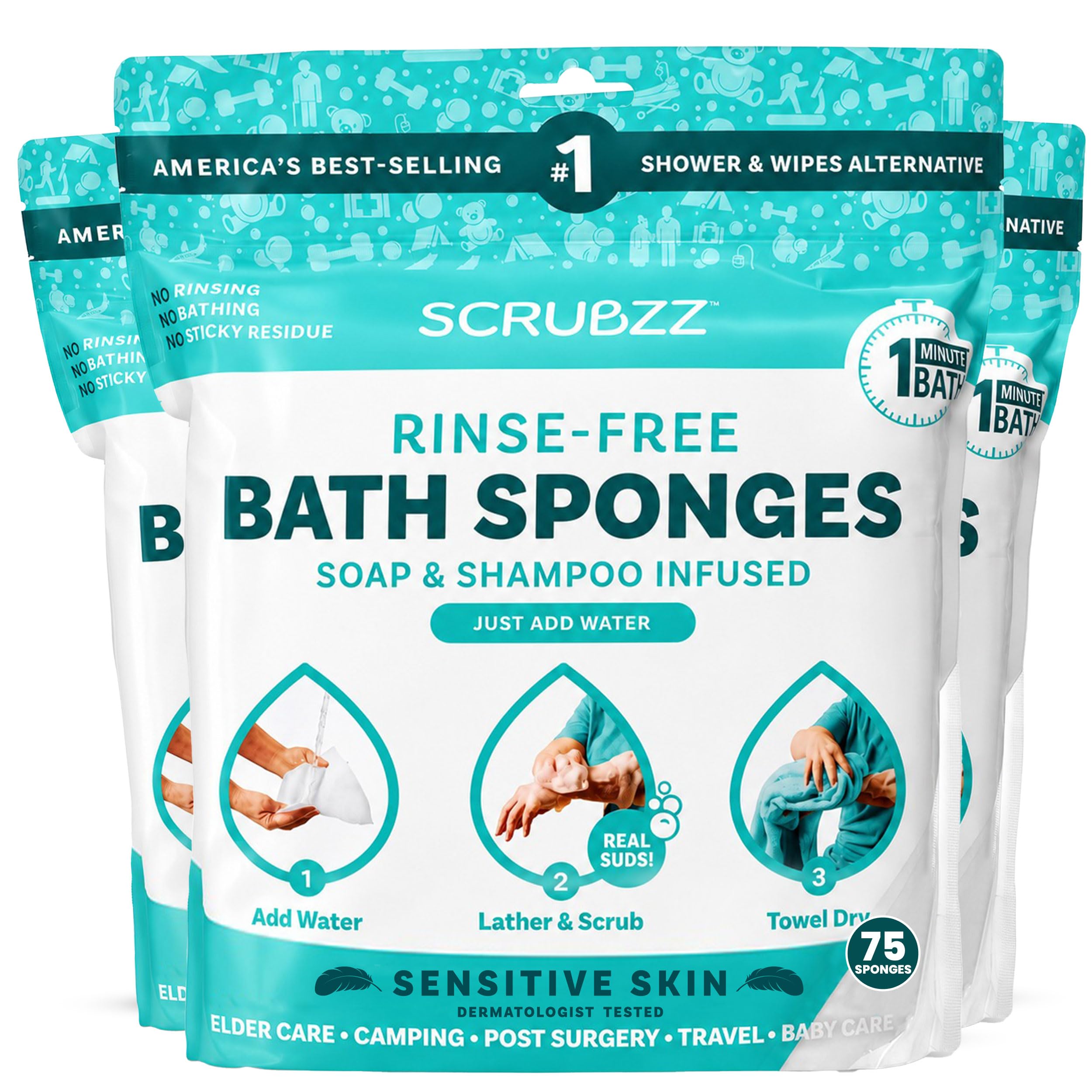 Scrubzz Rinse-Free Disposable Bathing Wipes, 25 Count