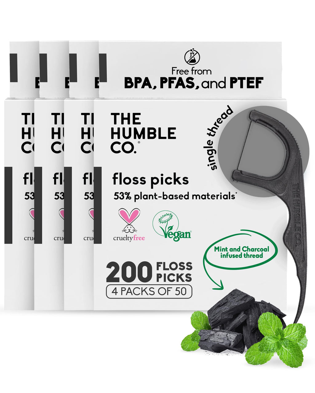 The Humble Co. Dental Floss Picks for Teeth (200 Count) – Dental Floss Picks for Dental Hygiene, Oral Care, and Gum Health, Cruelty Free