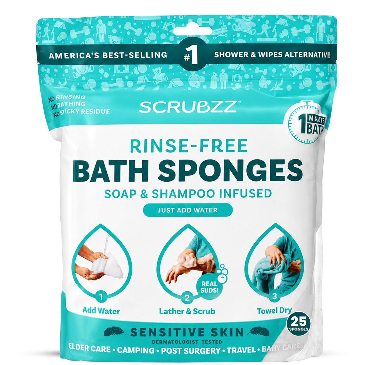 Scrubzz Rinse-Free Disposable Bathing Wipes, 25 Count