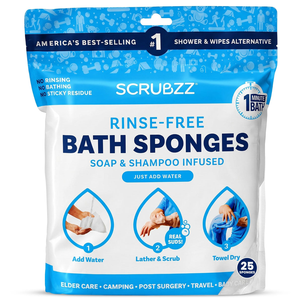 Scrubzz Rinse-Free Disposable Bathing Wipes, 25 Count